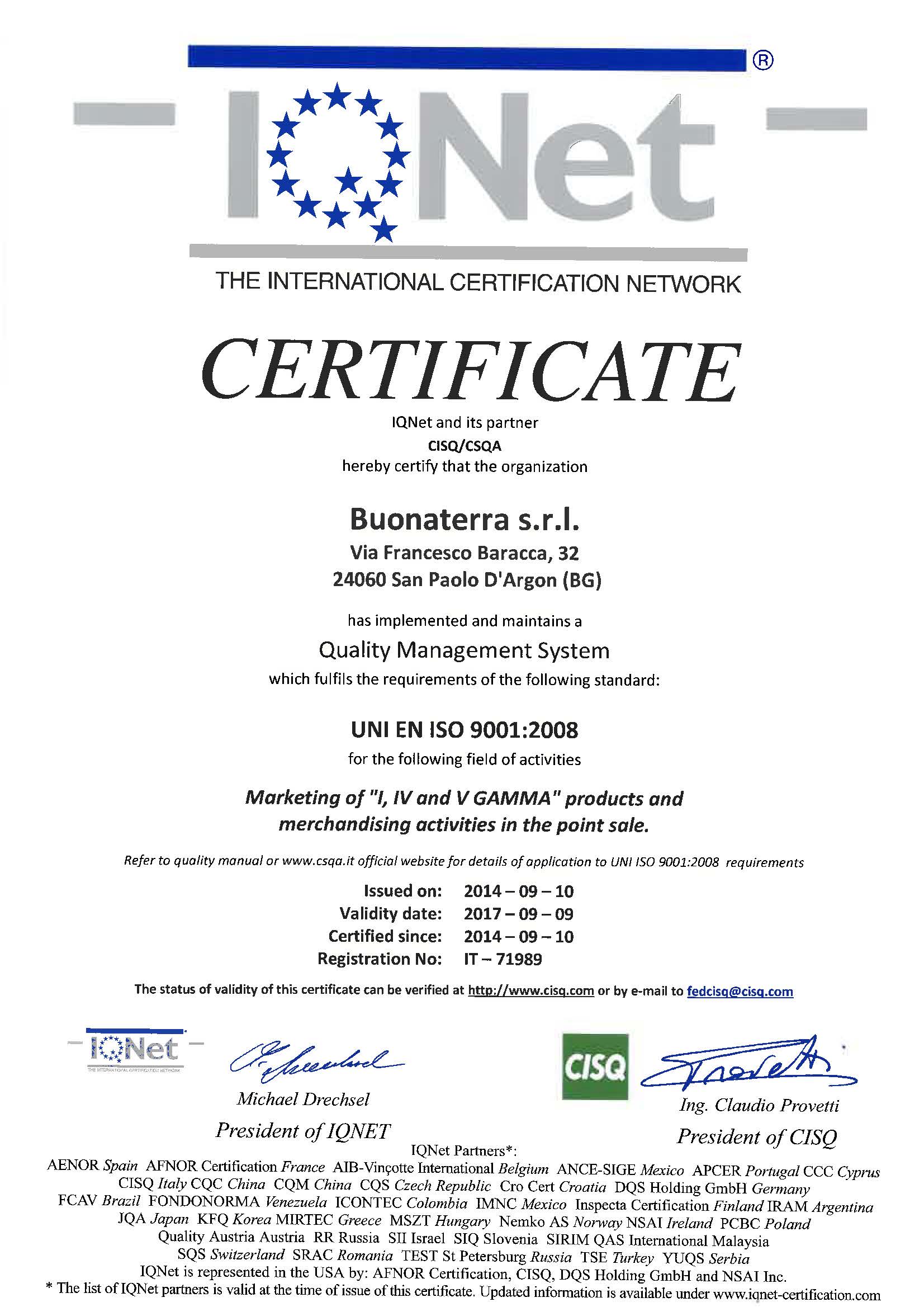 Certificazione Servizio Merchandising in store UNI EN ISO 9001:2008
